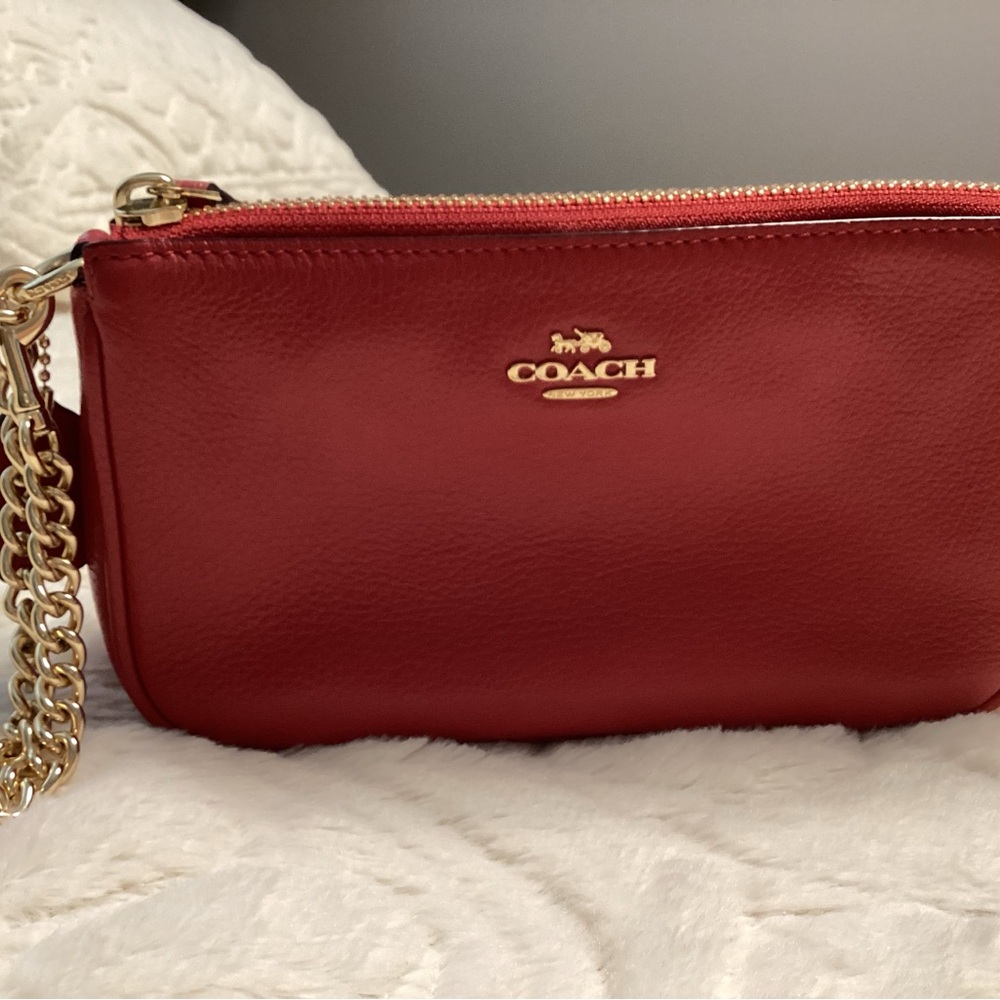 Coach Cherry Leather Wristlet with Gold Chain